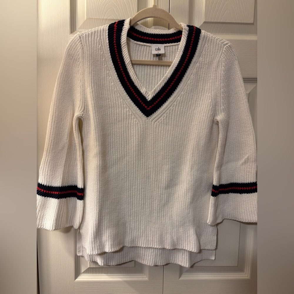 CAbi White V-Neck Sweater with Navy and Red Stripe Trim